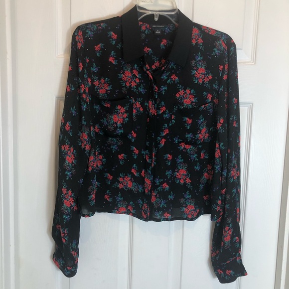 I Heart Ronson Button Down Black Floral Blouse  Size L - Picture 1 of 11